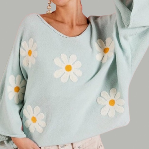 Kiera Embroidered Flower Sweater Top Seafoam - Picture 3 of 6
